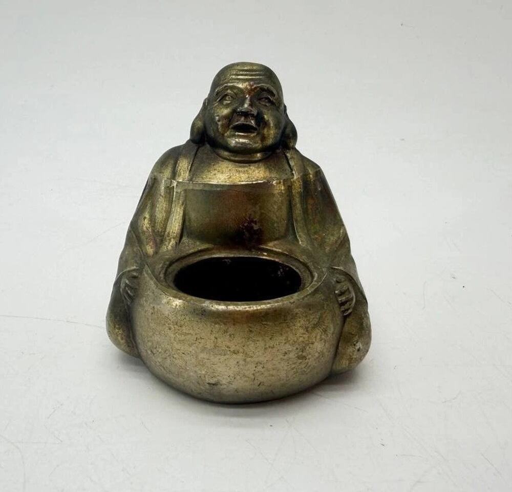 Vintage Brass Hotei Laughing Buddha Candle Holder Figurine Made in Japan